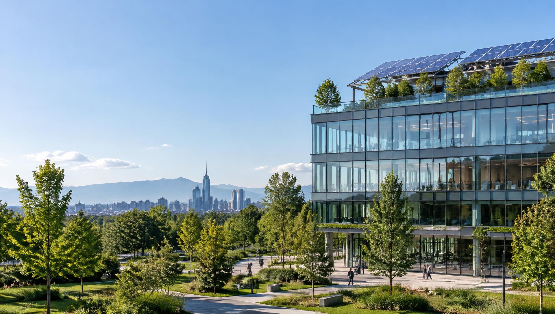 Edificio contemporaneo con pannelli solari immerso nel verde urbano